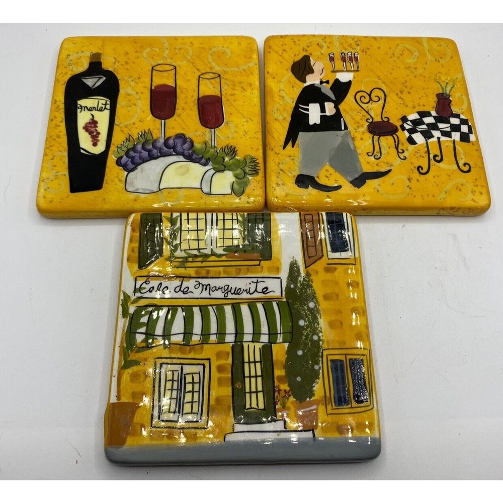 Bistro Pattern Wine Server Waiter Coasters Summer Living Ceramic Cork  Set Of 3